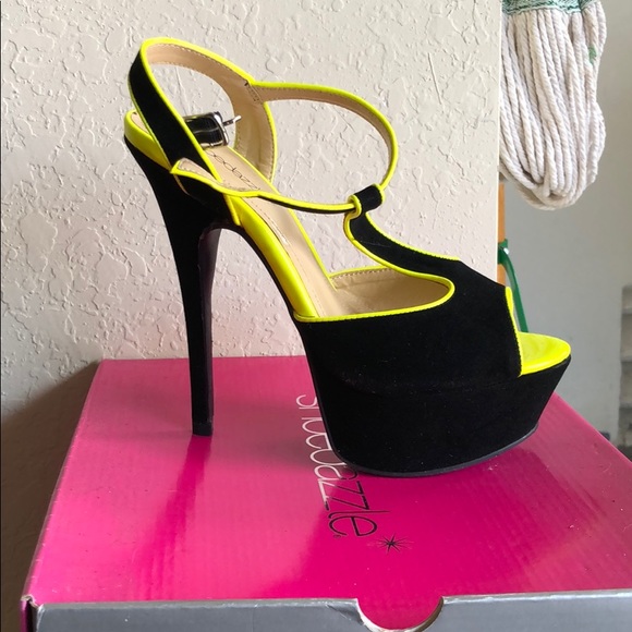 black and neon yellow heels
